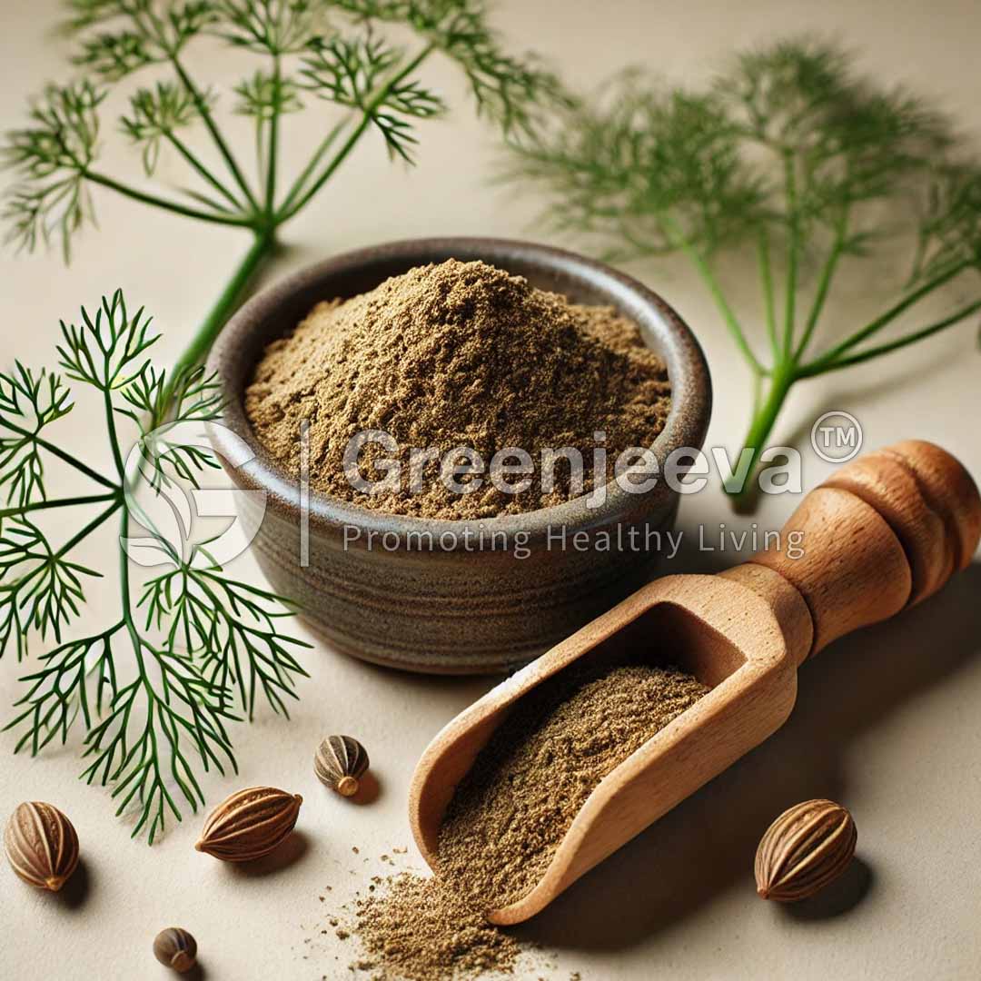 A bowl of aromatic Organic Dill Seed Powder surrounded by fresh dill and whole spices, with a wooden scoop placed beside it.