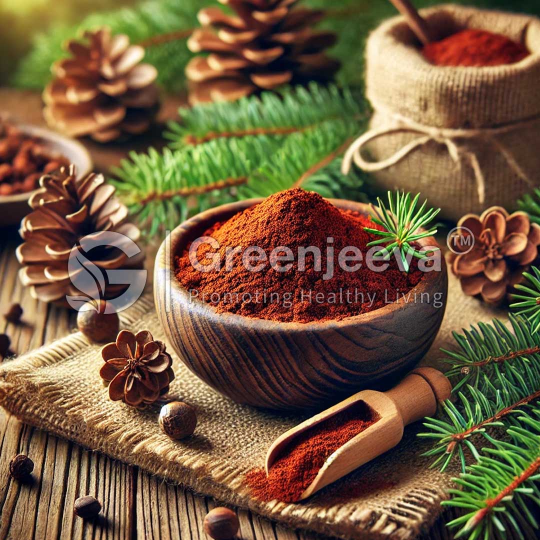 A wooden bowl filled with Organic Pine Bark Powder on natural burlap, surrounded by pinecones and green pine branches.