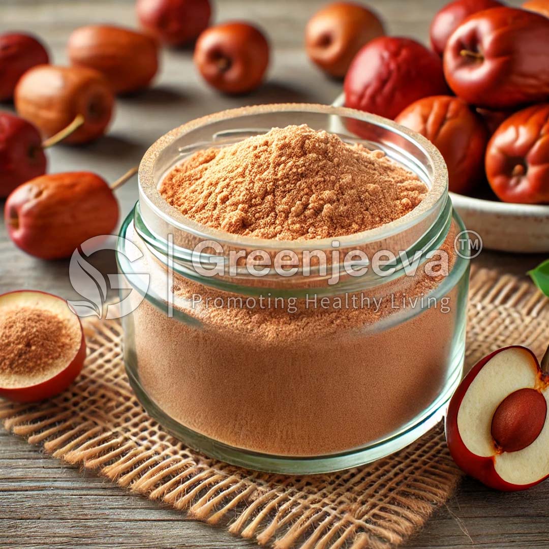 A jar of Organic Jujube Fruit Powder on a woven mat, surrounded by red jujube fruits and halved jujubes.