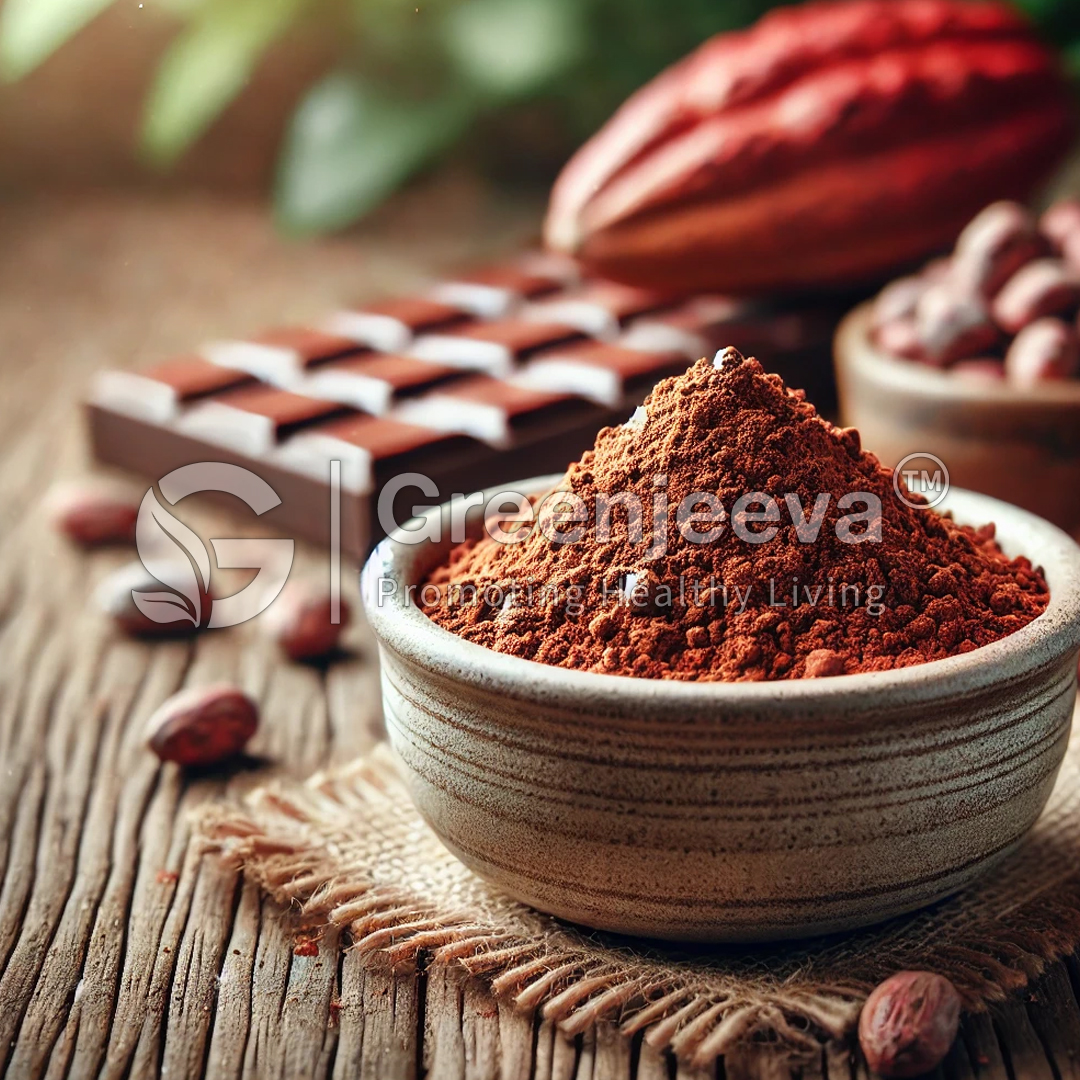 A bowl of cocoa powder on a wooden table, surrounded by cacao beans and chocolate squares.
