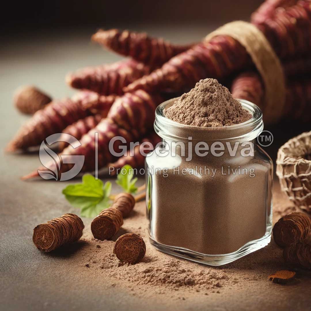 A glass jar filled with Rumex acetosa Root Extract Powder 4:1.