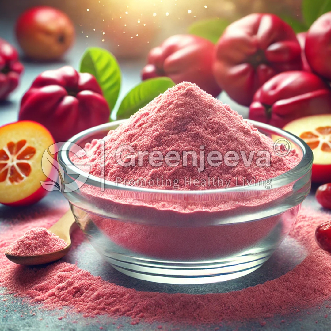 A bowl of Camu Camu Fruit Extract Powder, surrounded by fresh Camu Camu Fruit.