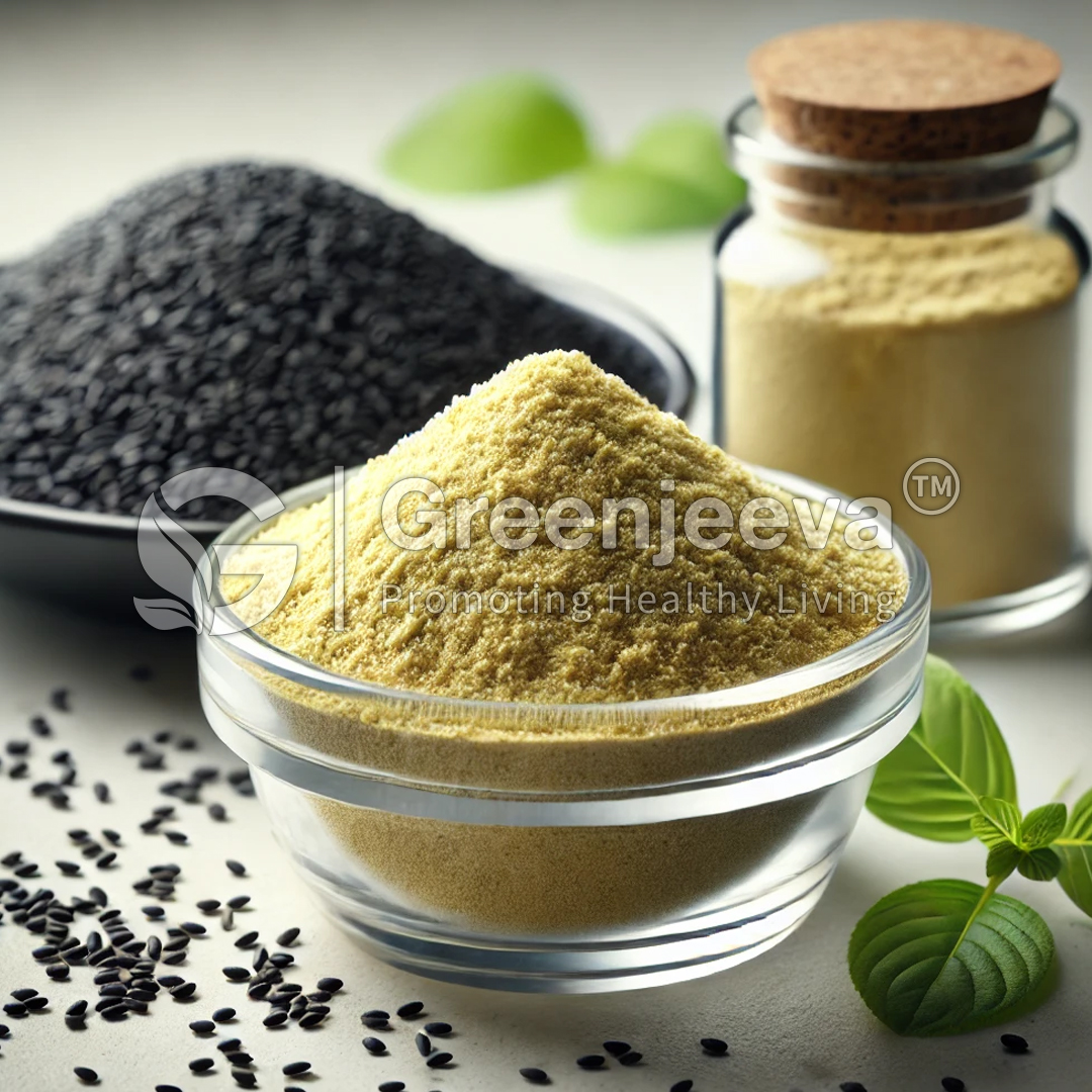 A bowl of A bowl of yellow spice sits in front of black seeds and jars of powder, surrounded by green leaves on a neutral background. in front of black seeds and jars of powder, surrounded by green leaves on a neutral background.