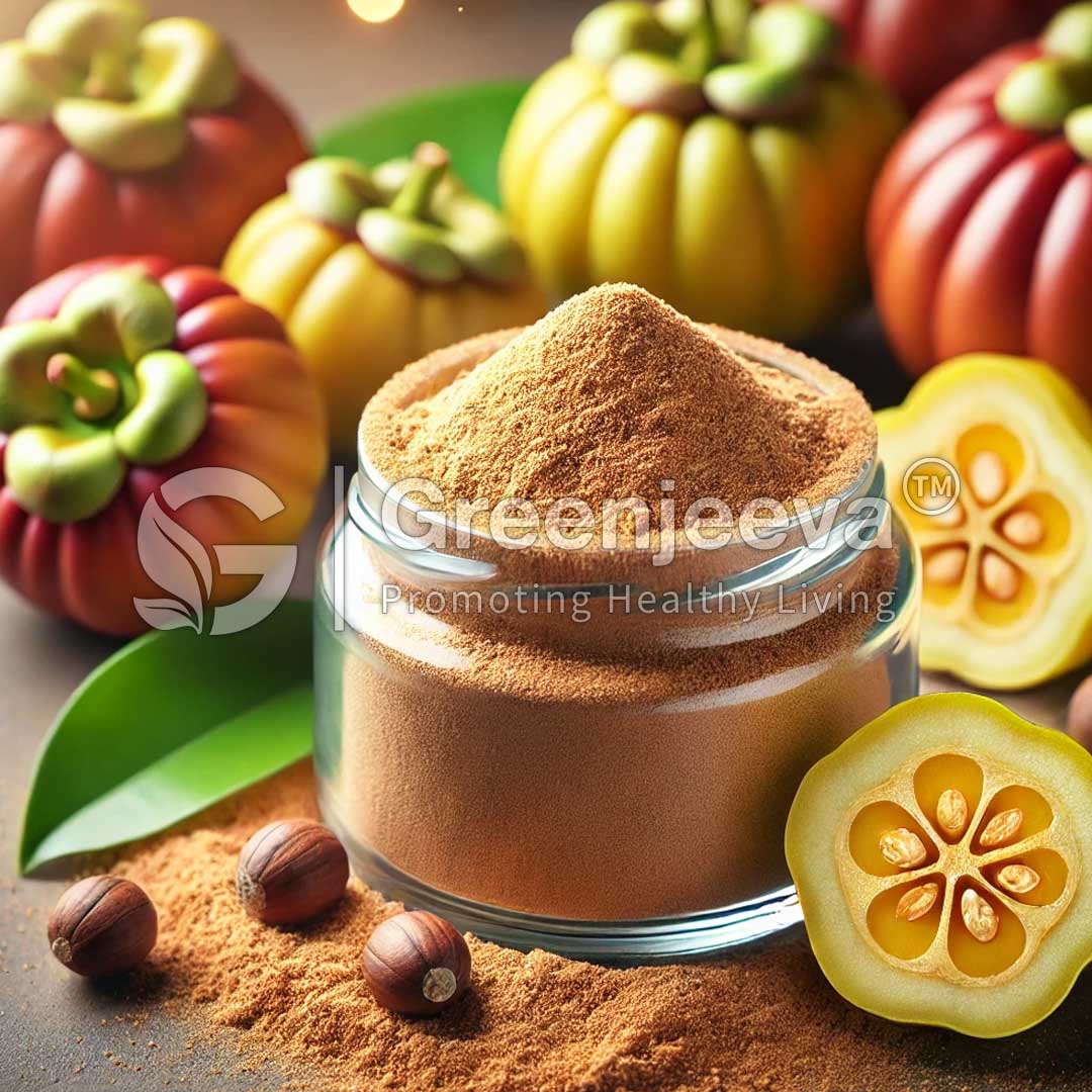 A jar of Garcinia Fruit Extract Powder 10:1 surrounded by colorful fruits and nuts, showcasing natural ingredients for healthy living.