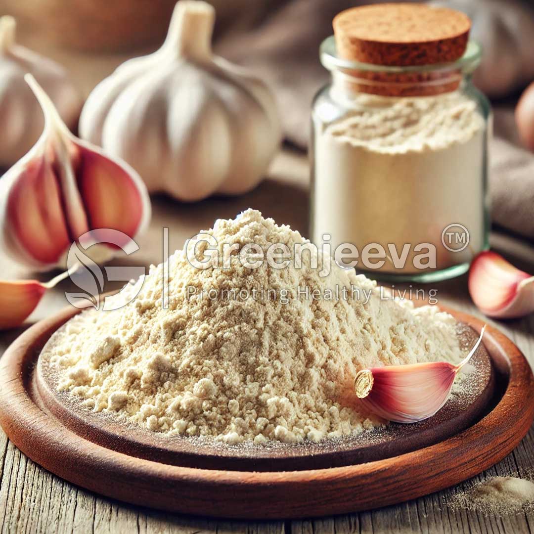 A wooden plate of Garlic Extract Powder 1% Allicin surrounded by whole garlic bulbs and garlic cloves, with a jar of garlic powder in the background.