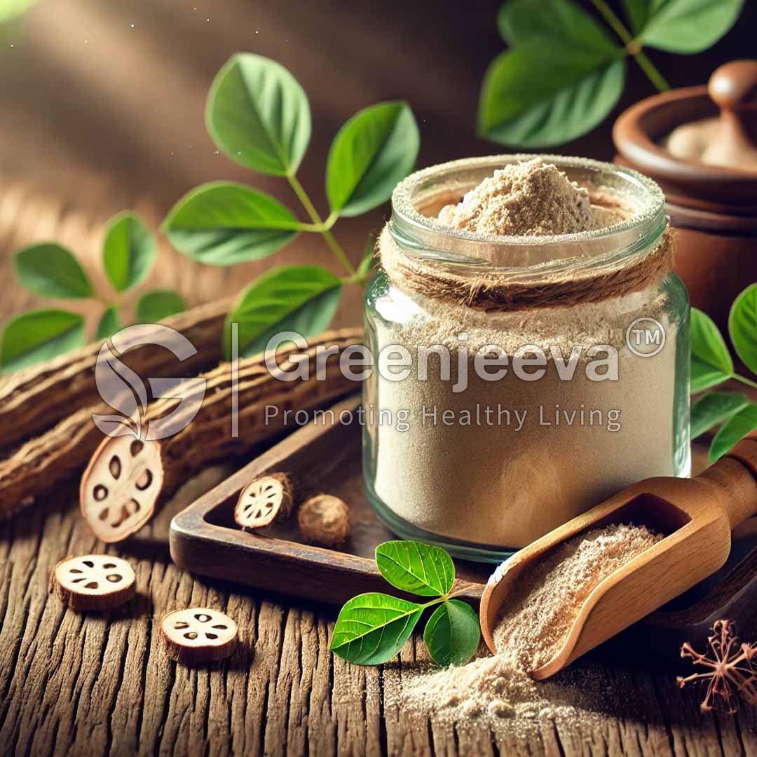 Jar of Kudzu Root Extract Powder 40% Hplc surrounded by leaves and sliced herbs on a wooden surface, promoting healthy living.