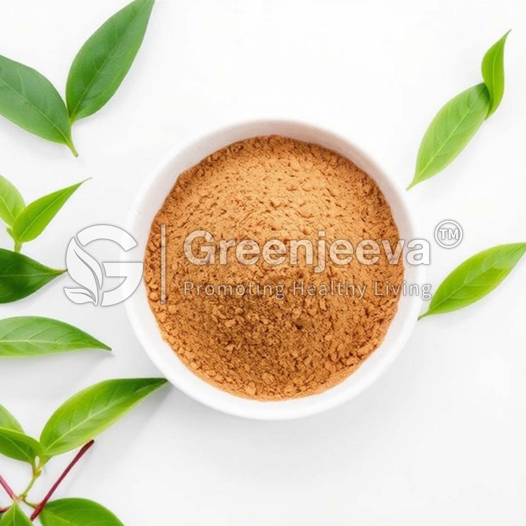 A white bowl filled with Organic Assam BOP tea 60 mesh , surrounded by vibrant green leaves on a plain white background.