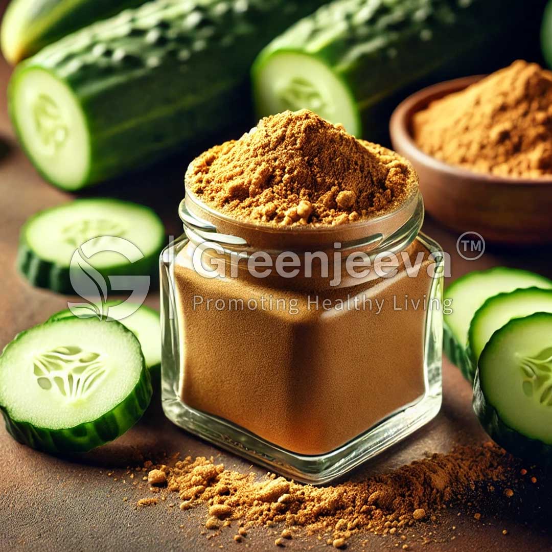 A glass jar filled with Cucumber Fruit Extract Powder 10:1 sits among fresh cucumbers, emphasizing healthy ingredients and natural living.