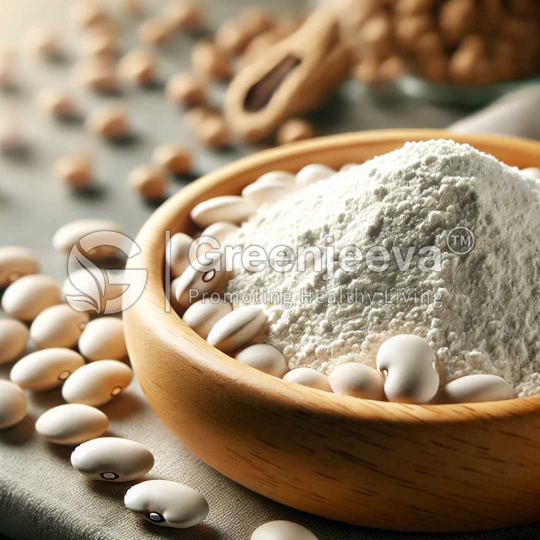 A wooden bowl filled with white kidney bean flour sits on a table scattered with white kidney beans and a wooden scoop nearby, emphasizing healthy living.