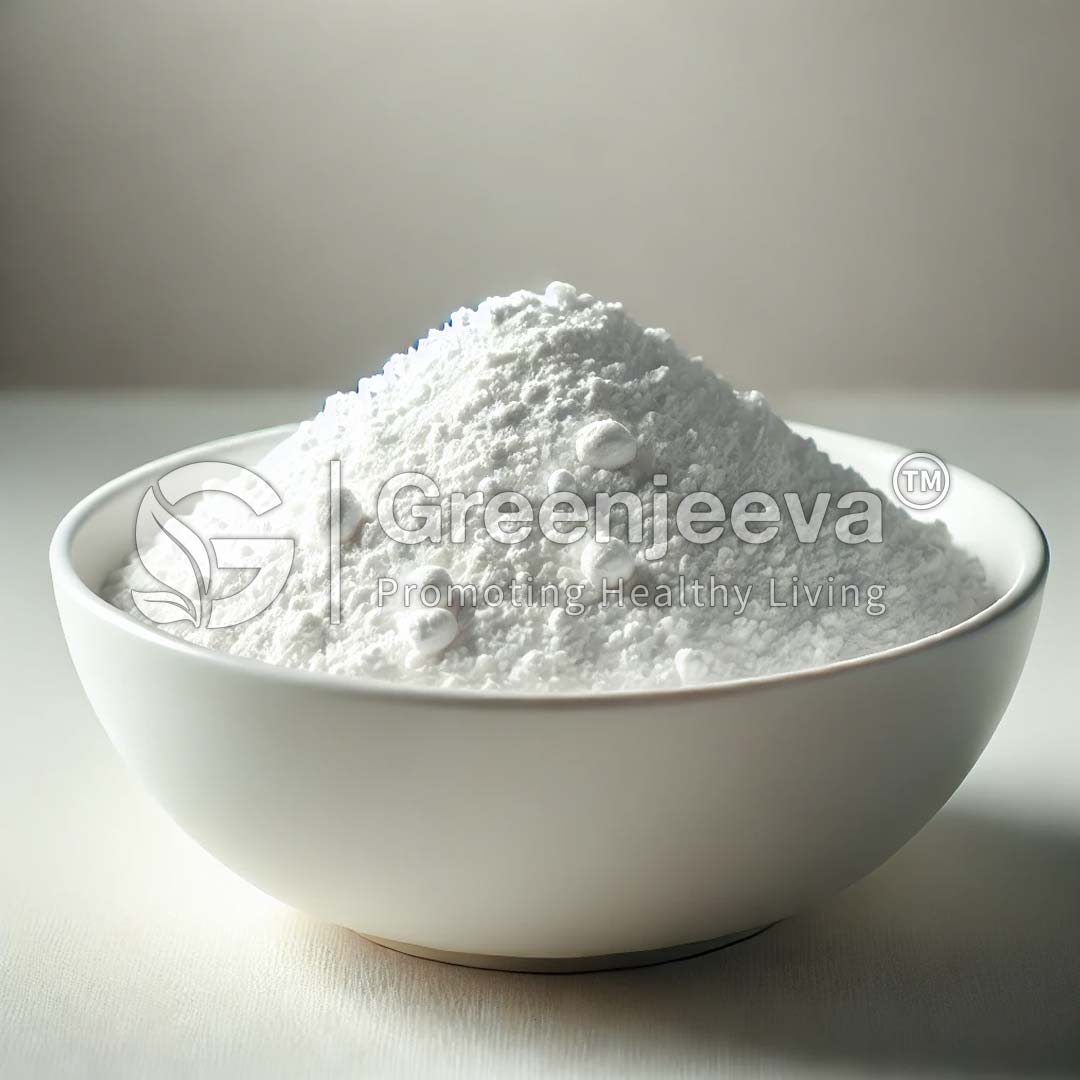 A white bowl filled with a Sodium Hyaluronate Powder, labeled with the Greenieeva logo, promoting healthy living.