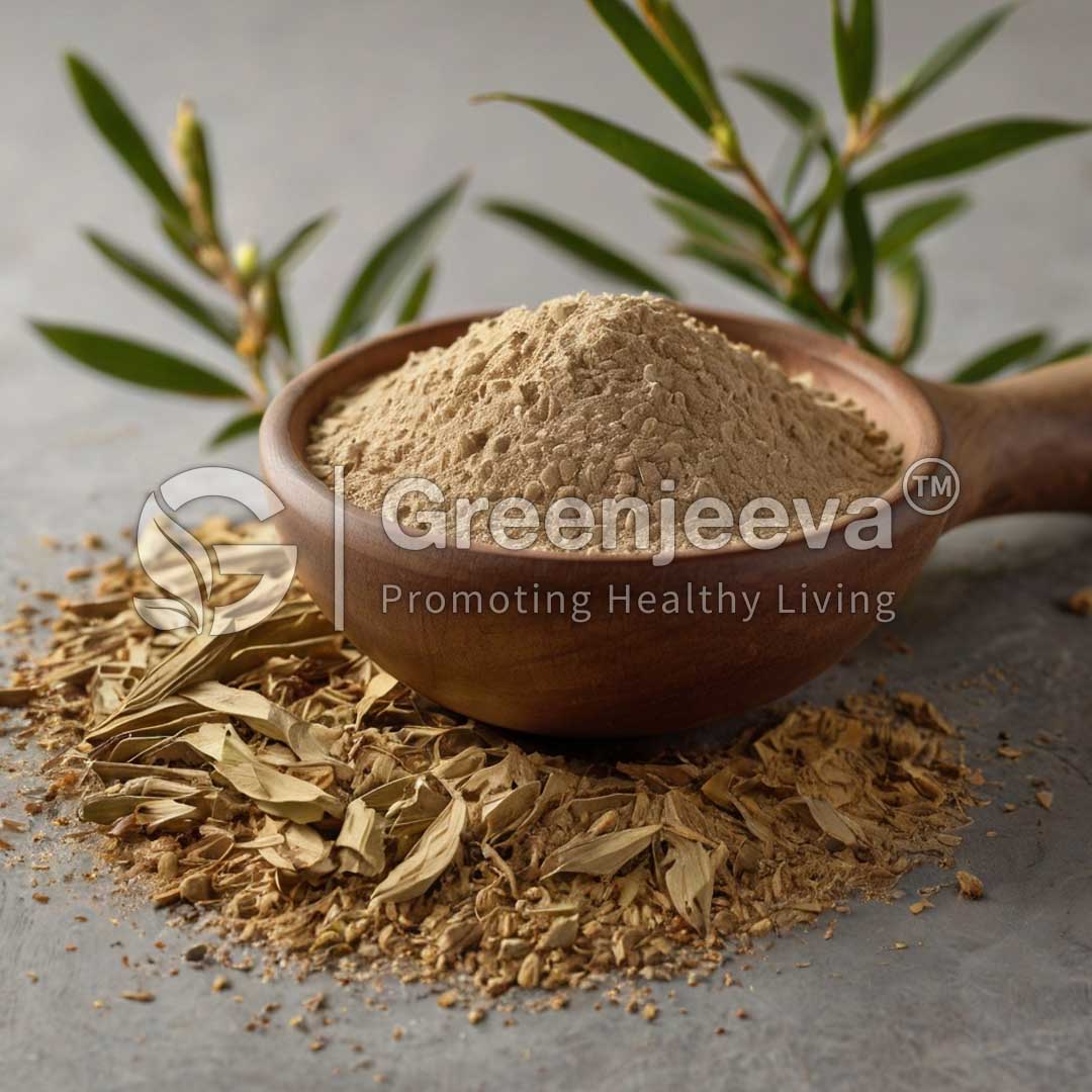 A wooden bowl filled with finely White Willow Bark Extract Powder 10:1, surrounded by dried leaves and greenery, representing natural ingredients for health.