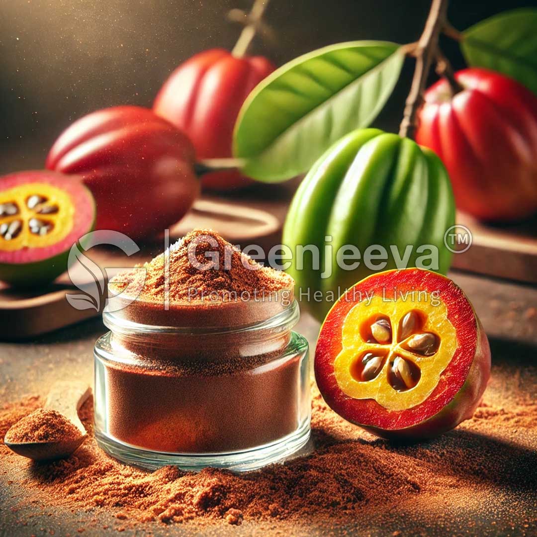 A glass jar of Camu Camu Extract Powder 10:1 beside cut and whole Camu Camu Fruit.