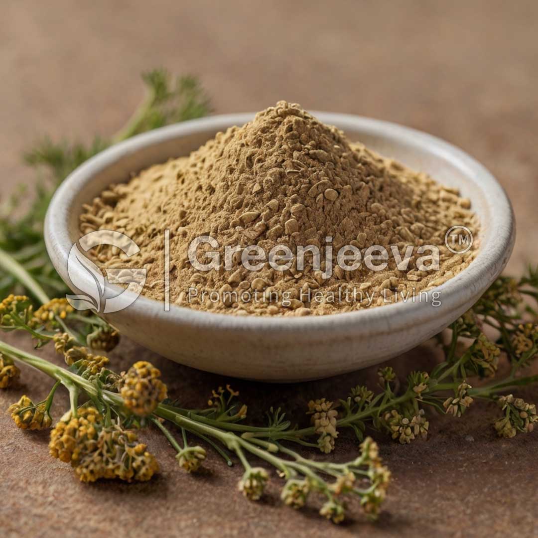 A shallow bowl holds Yarrow Extract Powder, surrounded by green herbs and yellow flowers on a textured surface.
