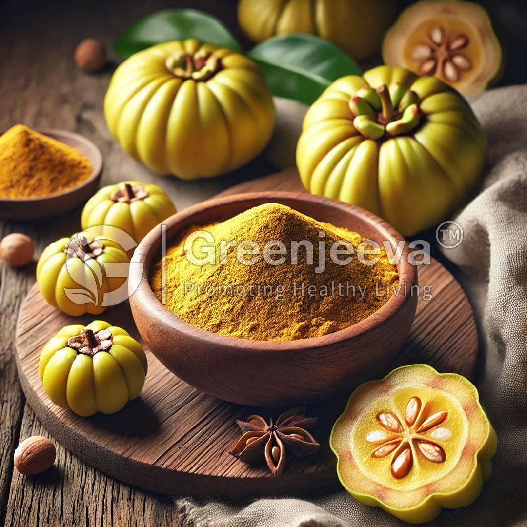 A wooden bowl filled with Garcinia Extract Powder 4:1 surrounded by fresh yellow fruits, star anise, and nuts on a rustic wooden surface.
