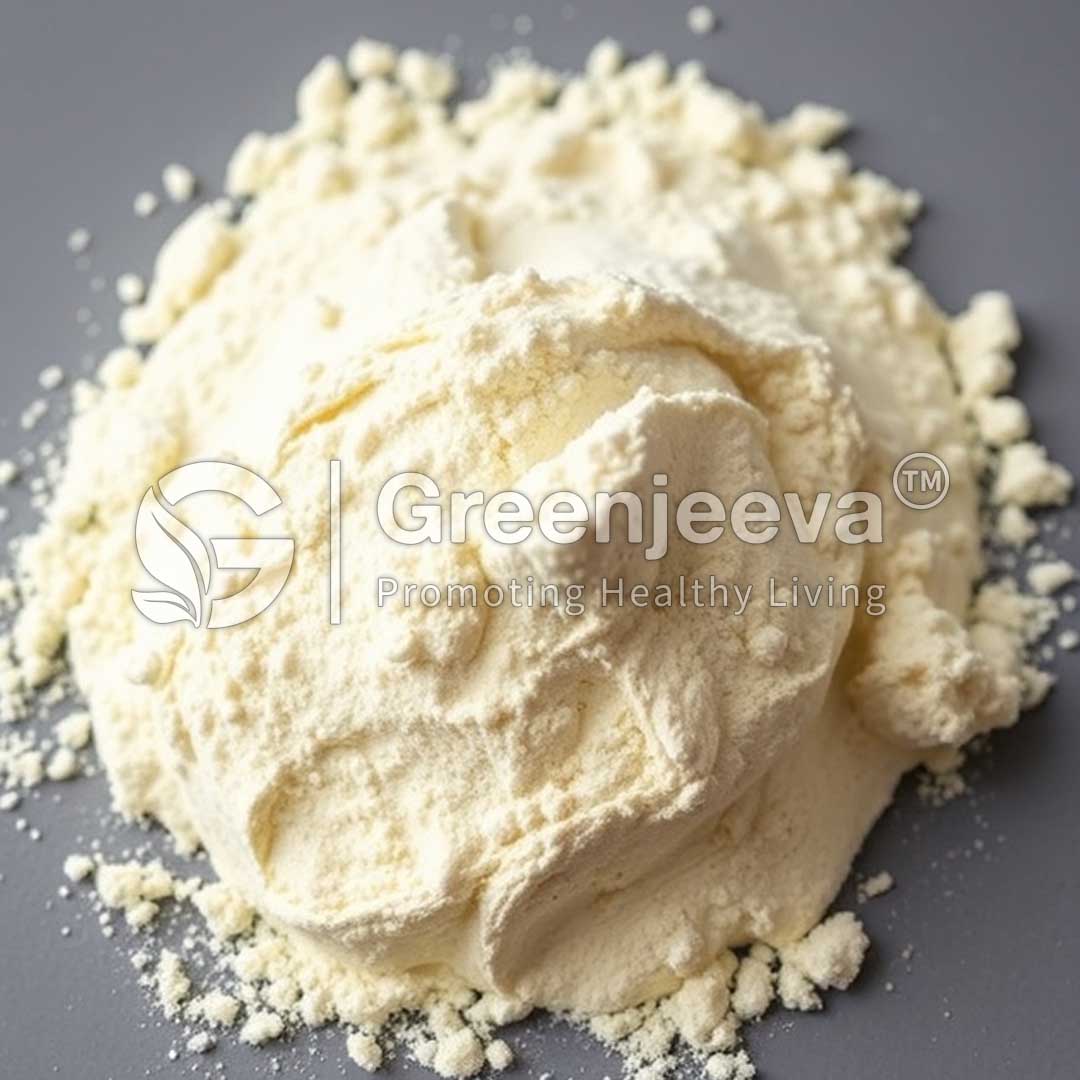 A mound of Deer Antler Extract Powder scattered on a gray surface, branded with the Greenjeeva logo, promoting healthy living.