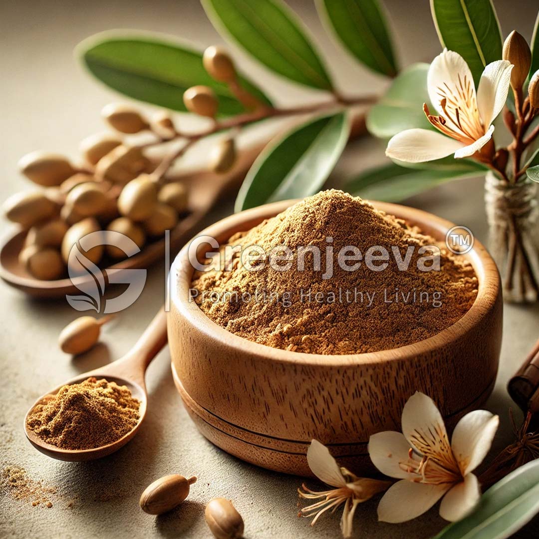 A wooden bowl filled with Macela Leaf Extract Powder 10:1, surrounded by herbs, seeds, and white flowers on a textured surface.