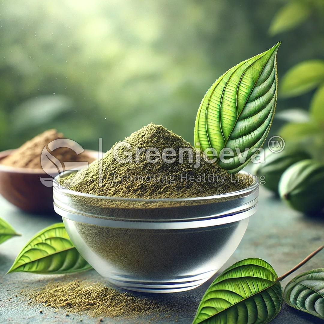 A glass bowl filled with Organic Guayusa Leaf Powder, surrounded by fresh leaves, with a blurred natural background.