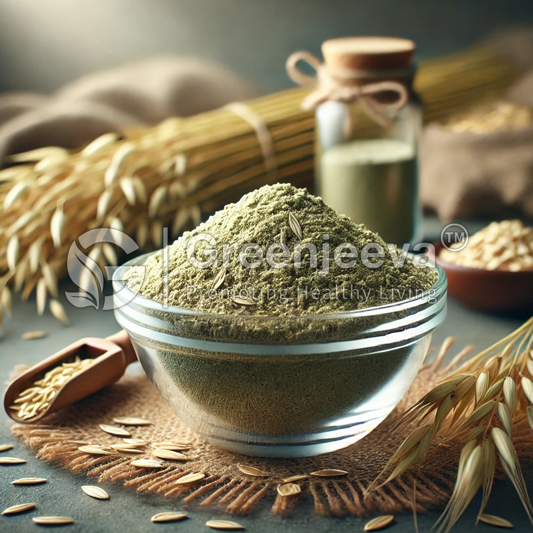 A glass bowl filled with Organic Oat Straw , surrounded by oat stalks and a wooden scoop, symbolizing healthy living.