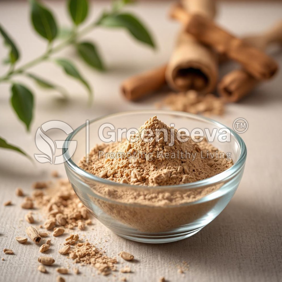 A glass bowl filled with aromatic spice powder surrounded by Organic Sassafras Bark Powder and green leaves.