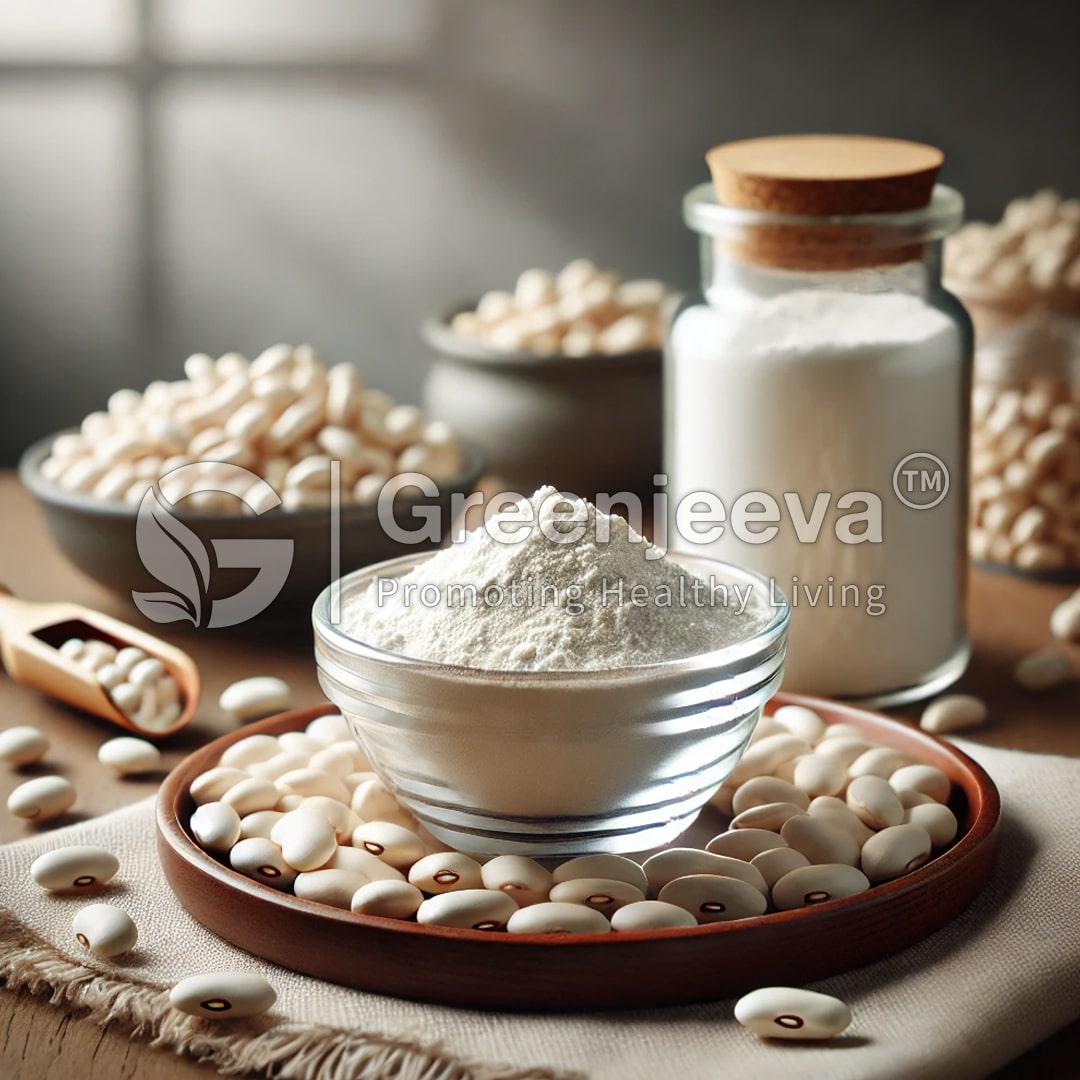 Bowl of white kidney bean flour surrounded by white kidney beans, with jars and bowls of beans in the background, promoting healthy living.