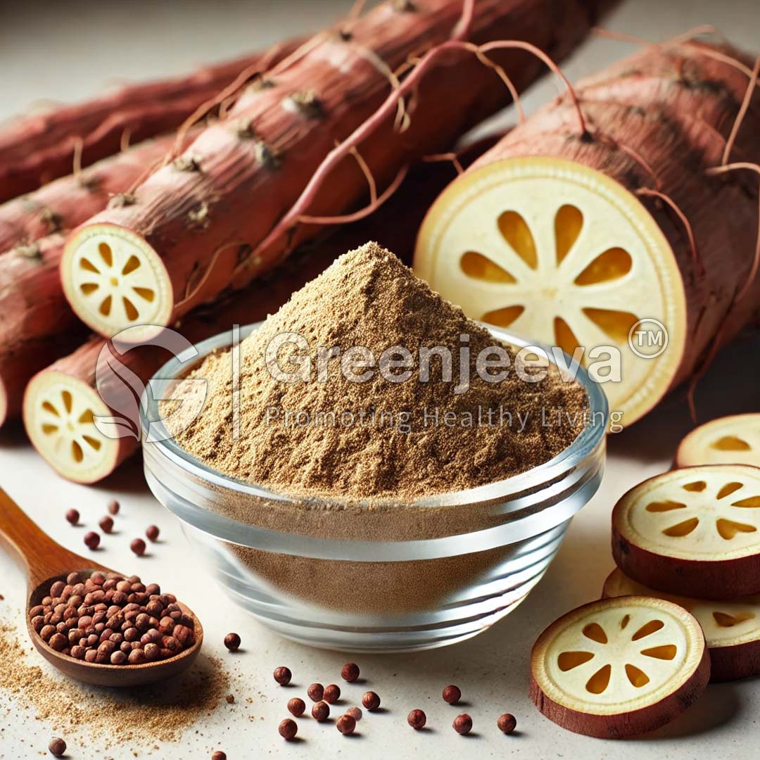 A bowl of yucca root extract powder surrounded by sliced yucca root and seeds, showcasing natural ingredients for healthy living.