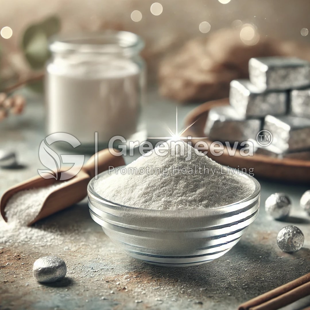 A close-up of a glass bowl filled with Zinc Gluconate Powder, surrounded by jars, silver cubes, and cinnamon sticks on a softly lit surface.