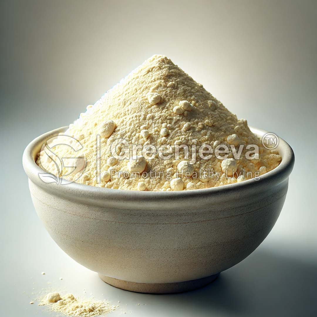 A bowl filled with a mound of Bifidobacterium Lactis Powder 100 B CFUg powder, reminiscent of flour, set against a softly lit background, showcasing its texture.