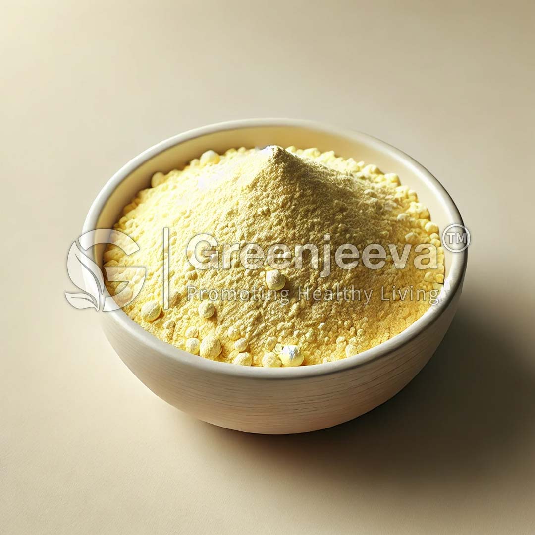 A bowl of bright Bifidobacterium adolescentis Powder 100B CFU/g, resembling flour, is centered on a soft background, promoting healthy living.