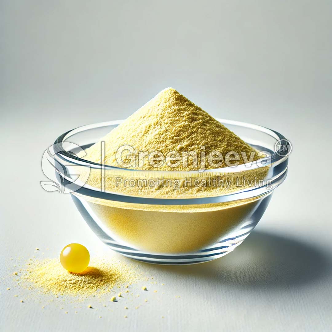 A clear bowl holds a mound of Lactobacillus acidophilus Powder 200 B cfu/g beside a single yellow capsule on a light background.