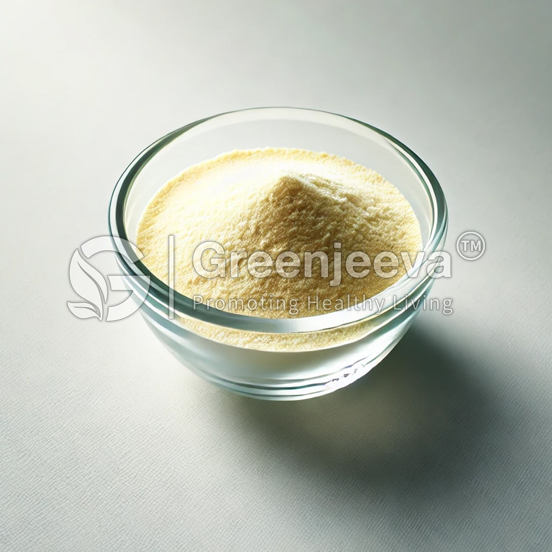 A clear glass bowl filled with a fine, light Bifidobacterium Lactis Powder 500B CFUg, sitting on a smooth, light-colored surface.