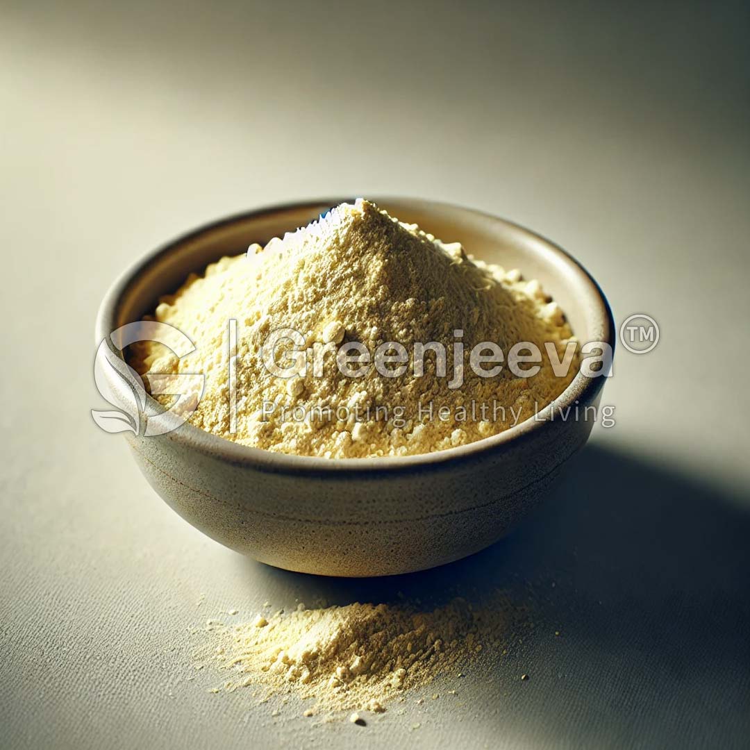 A small, round ceramic bowl filled with a mound of Lactobacillus plantarum Powder 200 Billion CFU/g , with some powder spilled around the base.