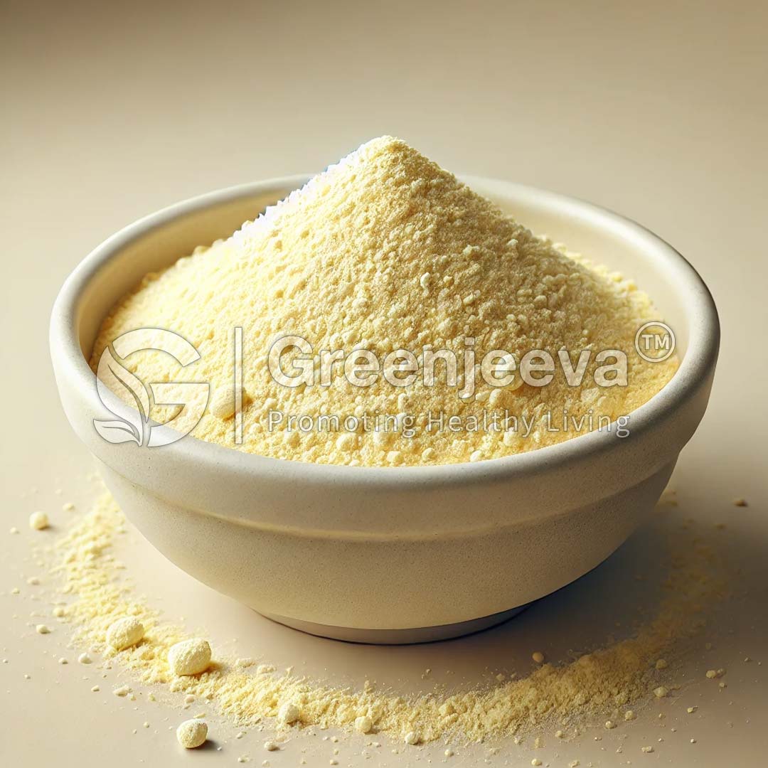 A bowl of Lactobacillus Salivarius Powder 300 B CFU/g powder sits on a light surface, surrounded by scattered granules, promoting healthy living with the Greenjeeva logo.