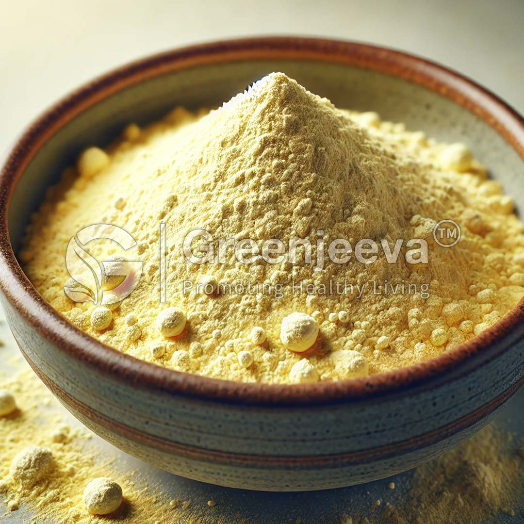 A close-up of powdered Lactobacillus Reuteri substance heaped in a brown ceramic bowl, with fine and coarse granules scattered around.