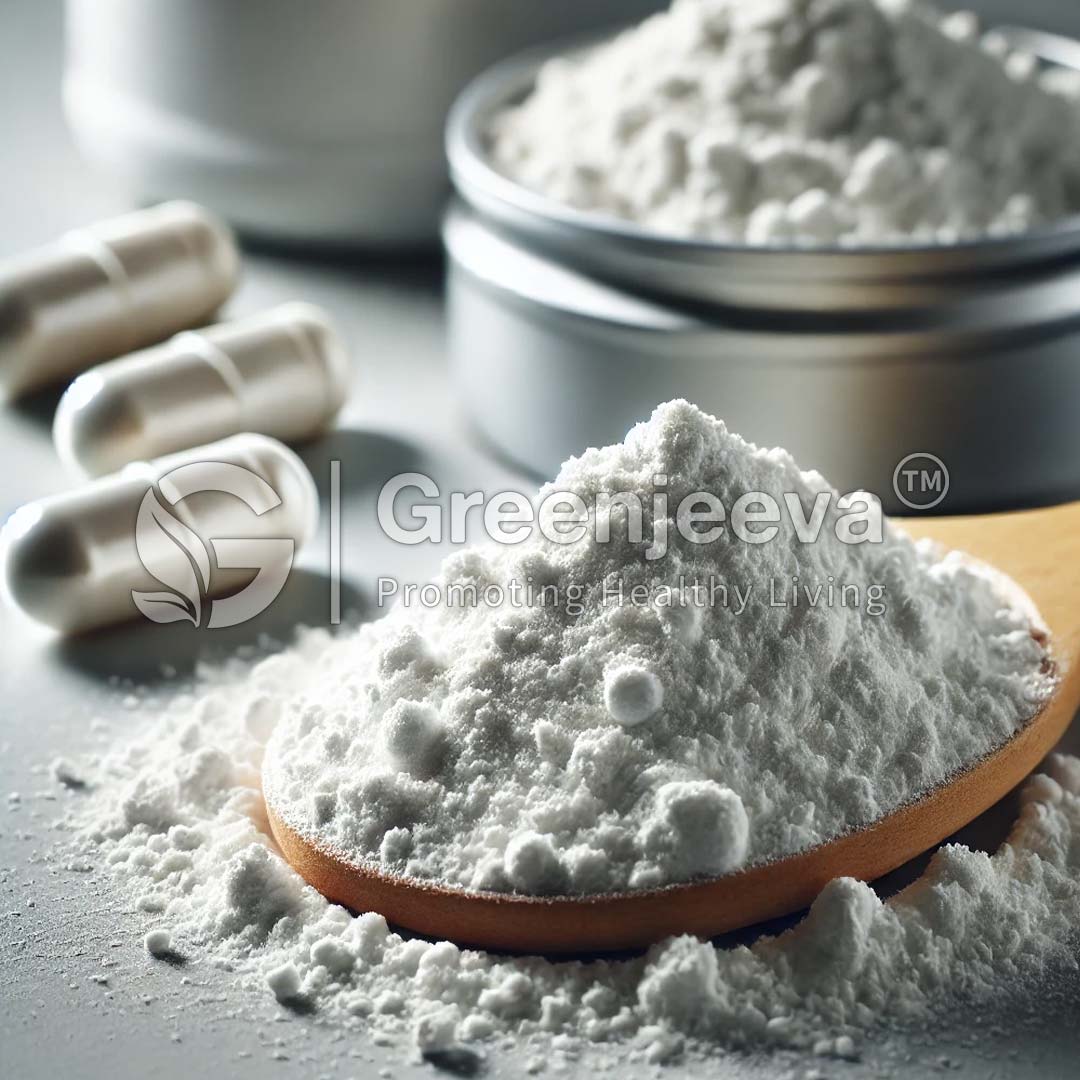 A wooden spoon holds a pile of Creatine Monohydrate 200mesh, surrounded by capsules and metallic containers, suggesting a focus on natural health products.