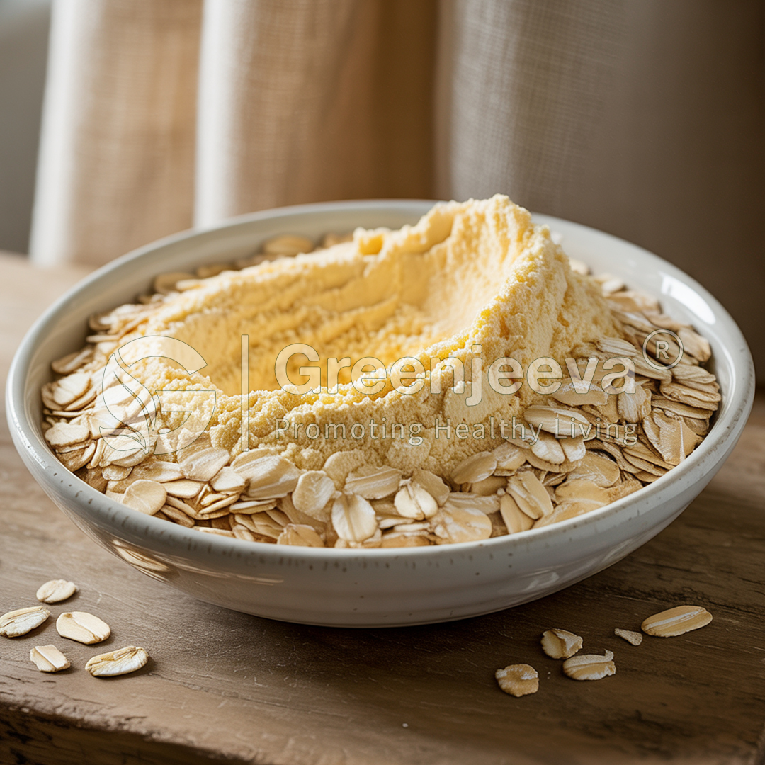 A bowl filled with a creamy yellow substance mounded beside scattered oats on a rustic wooden table, promoting healthy living.