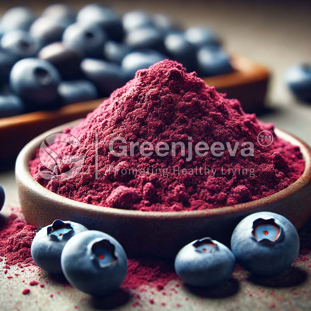 A bowl of vibrant purple Organic Blueberry Powder surrounded by fresh blueberries, showcasing healthy ingredients.