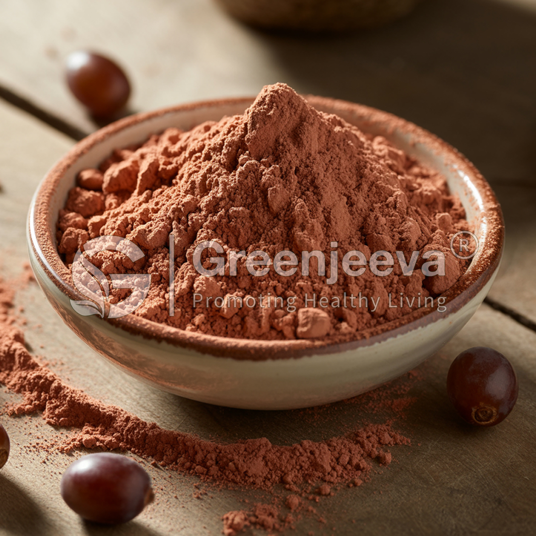 A small bowl filled with reddish-brown powder, surrounded by scattered powder and a few dark berries on a wooden surface.
