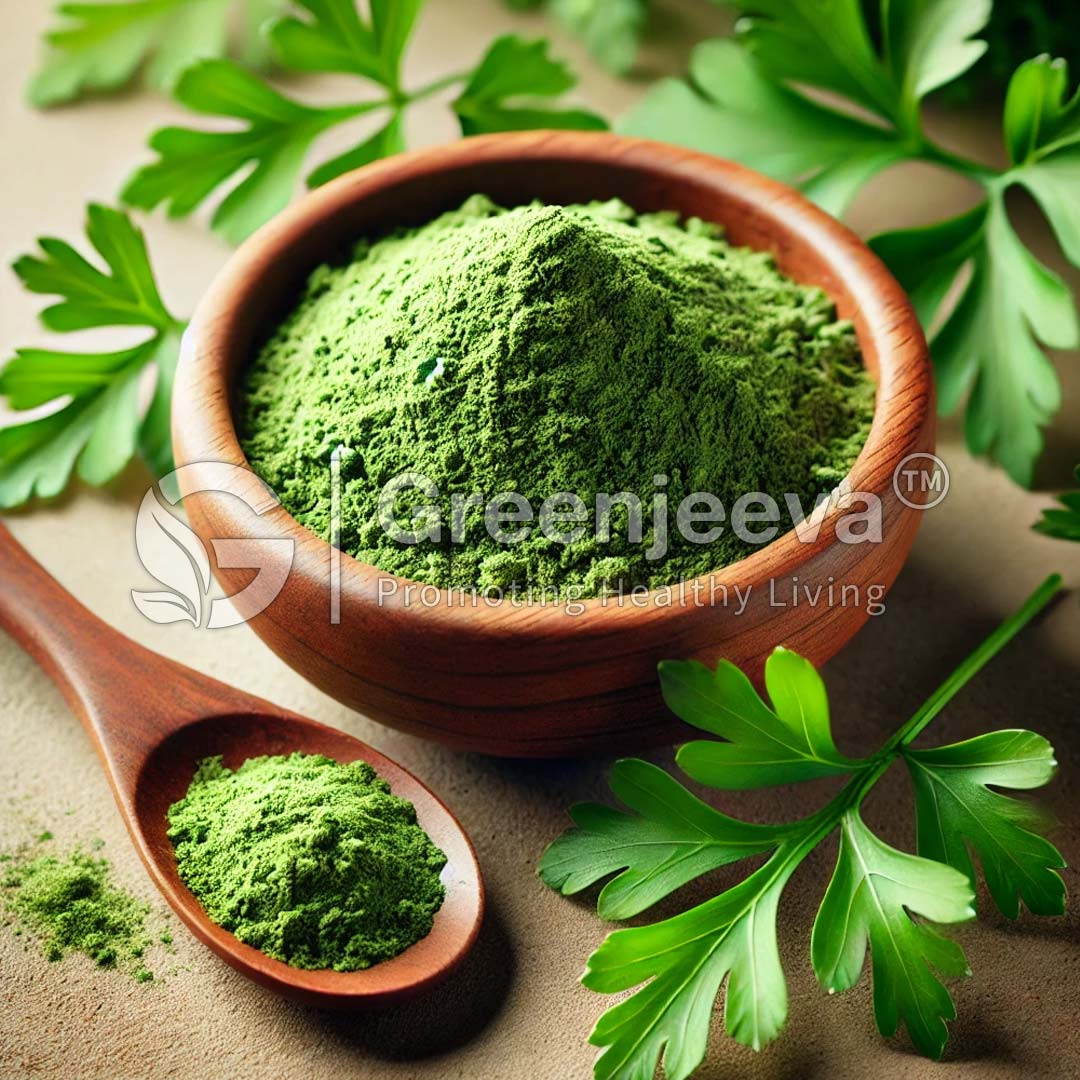 A wooden bowl filled with Organic Parsley Powder, surrounded by fresh green leaves and a wooden spoon with similar powder.