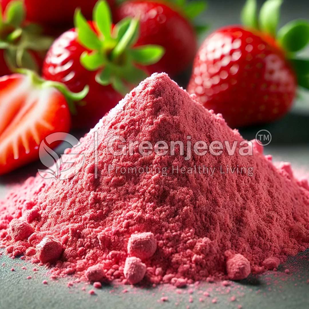 A mound of Organic Strawberry powder sits in front of fresh strawberries, showcasing a healthy, fruity ingredient.