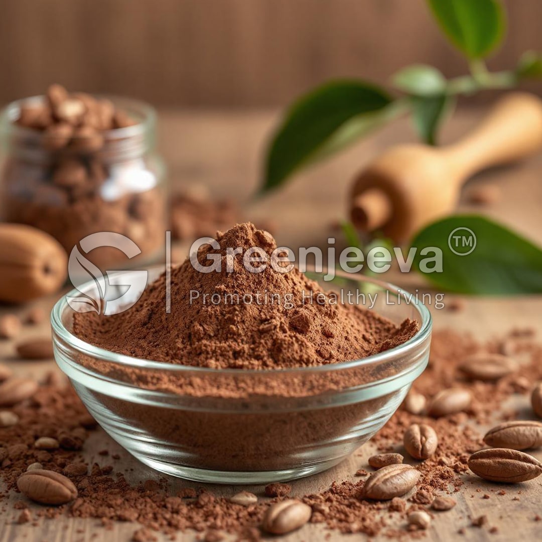 A glass bowl filled with cocoa powder, surrounded by cocoa beans.