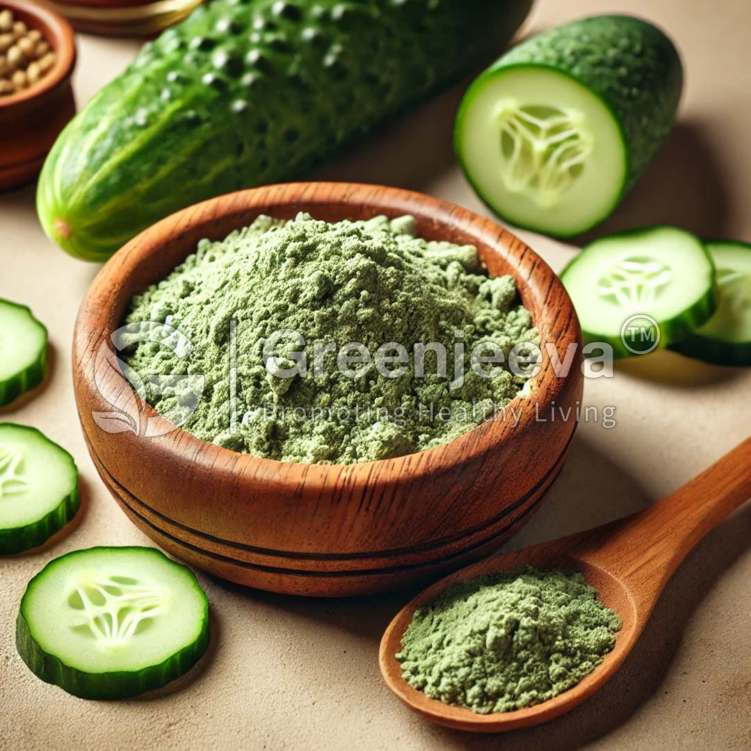A wooden bowl filled with Organic Cucumber Powder, surrounded by fresh cucumber slices and whole cucumbers on a beige background.