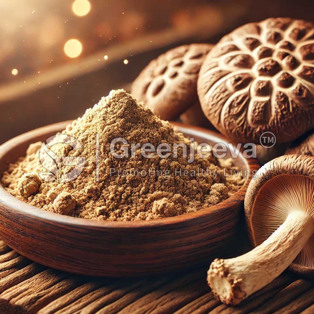 A bowl of Organic Maitake mushroom Powder surrounded by whole dried mushrooms and slices.
