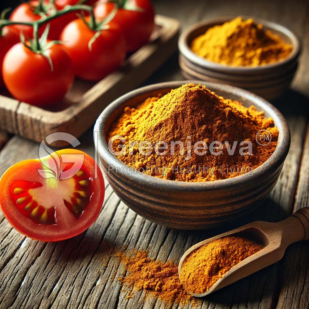 A bowl of organic tomato powder surrounded by fresh tomatoes on a rustic wooden table.