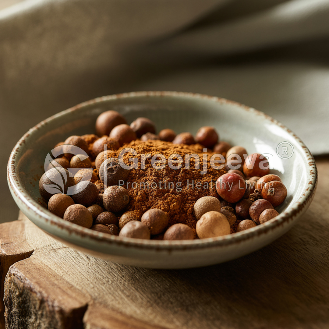 A shallow ceramic dish filled with a blend of brown spices and round brown seeds, resting on a wooden surface.