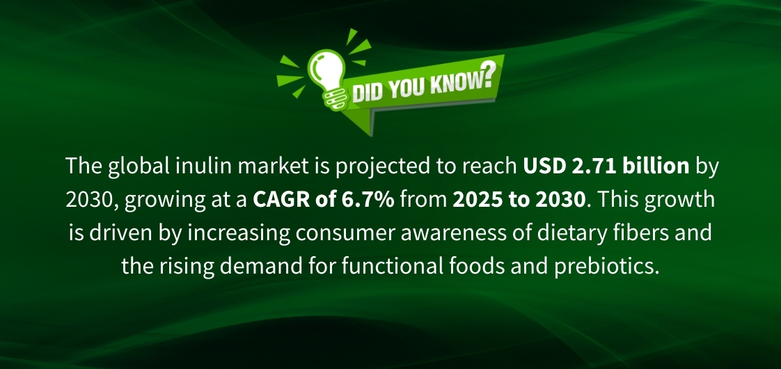 Graphical infographic highlighting projected growth of the global inulin market, reaching $2.71 billion by 2030 due to rising health awareness.