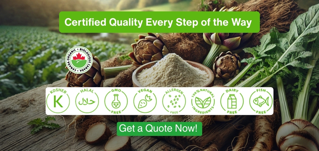 A vibrant agricultural scene features a bowl of organic powder, promoting certified quality with various dietary labels.