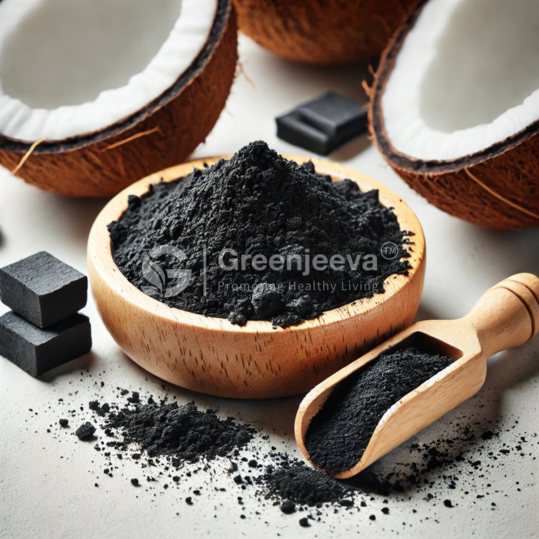 A bowl of Activated Charcoal Powder Coconut Shell with a wooden scoop, surrounded by coconut halves and charcoal cubes.