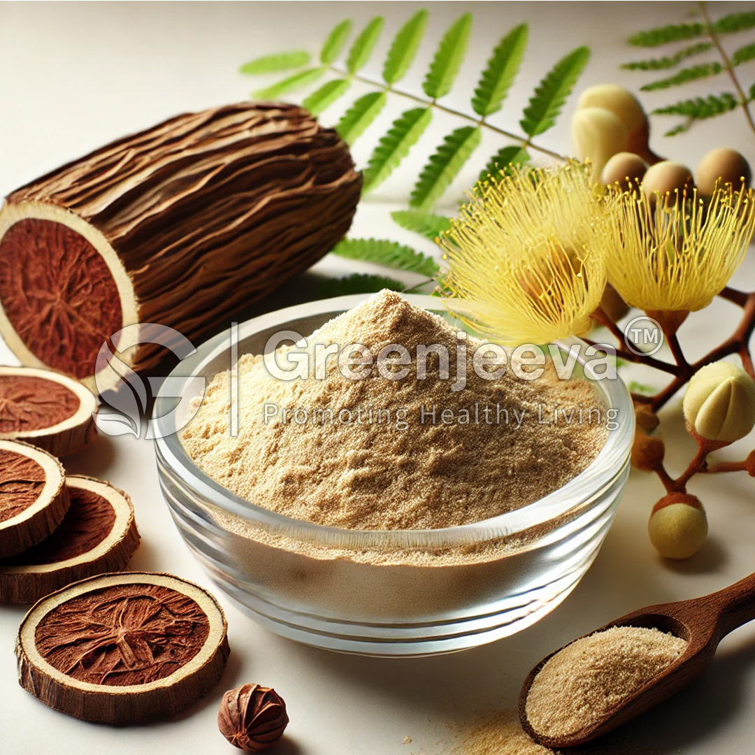 A bowl of Albizia julibrissin Powder surrounded by medicinal plant materials, including roots, slices, and yellow flowering branches.