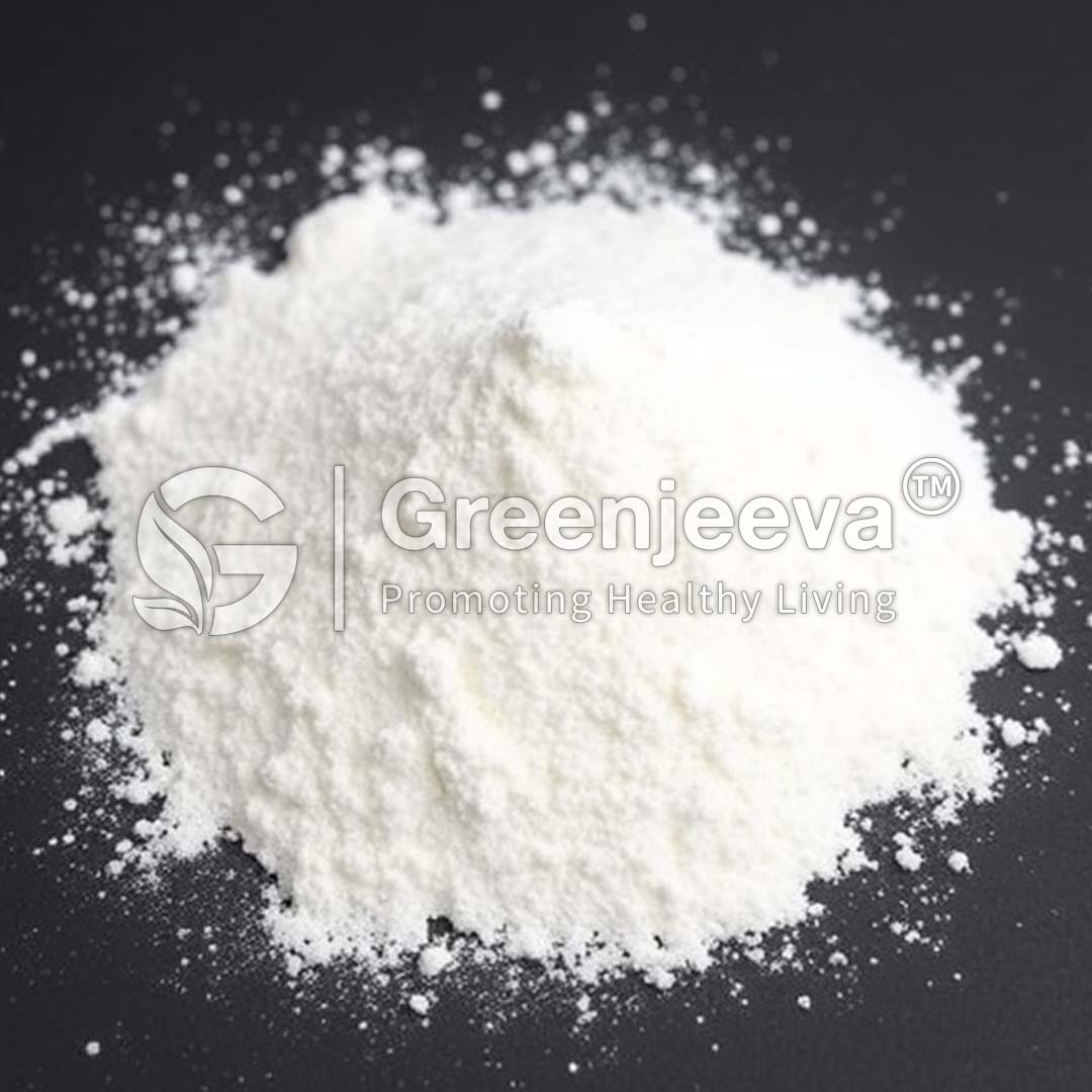 A pile of Alpha Amylase powder, Fungal on a dark surface, with the Greenjeeva logo and tagline promoting healthy living in the corner.