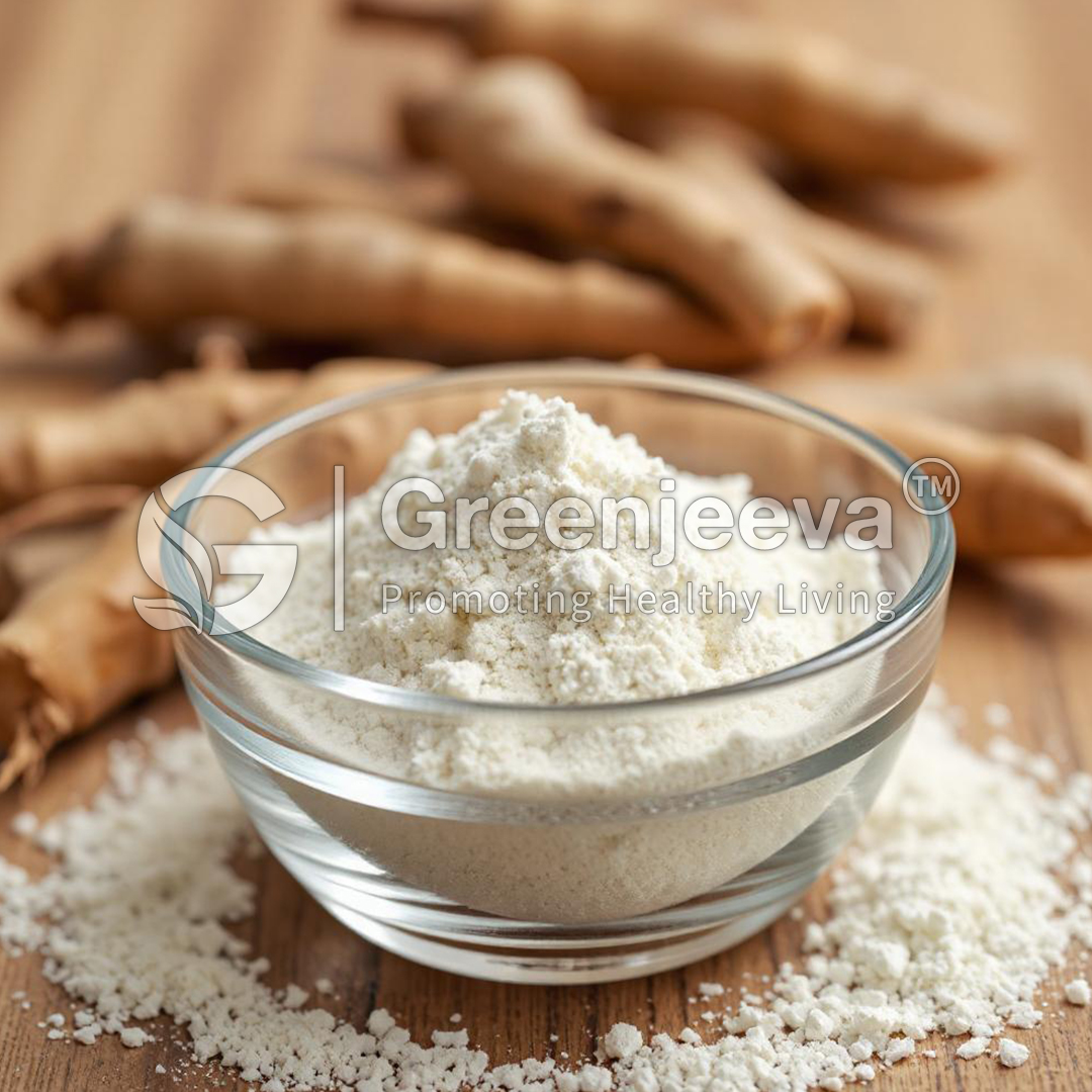 A glass bowl filled with American Ginseng Powder, surrounded by tamarind pods on a wooden surface, highlighting natural ingredients.
